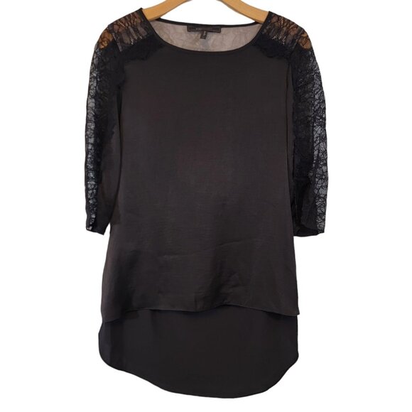 BCBGMaxAzria Tops - BCBG Maxazria Addy Black Lace Sleeve Hi‎ Lo Drape Back Shirt Women's Small EUC
